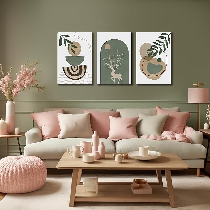 Boho Sun Canvas Wall Art Set of 3, Neutral Abstract Minimalismt Bohemian Geometric & Botanical Plants Pictures Prints Artwork Paintings Wall Decor for Bedroom Living Room Home Decoration 16x24 inches