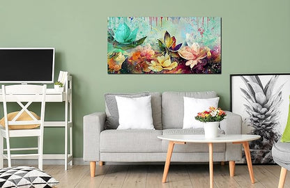 GUGIKA Flower Wall Art for Living Room, Colorful Floral Canvas Wall-Art for Bedroom, Watercolor Lotus Print, Large Size 59x29 Inches