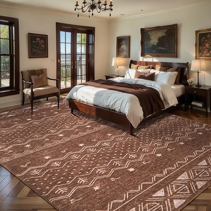 SERISSA 9x12 Area Rugs for Living Room, Washable Non-Slip Coffee Brown Boho Rug, Soft Low-Pile Geometric Indoor Large Carpet for Dining Room Bedroom Home Office Playroom