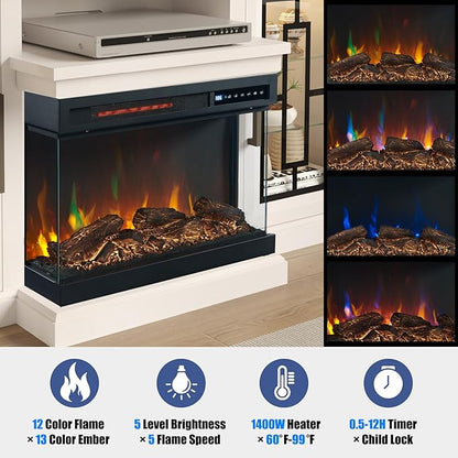 59 Inch LED TV Stand with 3-Side Glass Fireplace, Modern Media Entertainment Center Console Table for TVs up to 65 Inch with Adjustable Flame & LED Color, 24’’ Fireplace, Highboy, Antique White