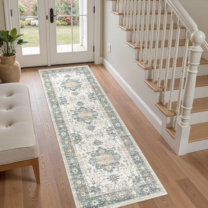 EIEIHOUSE Washable 2x6 Runner Rug - Area Rugs Neutral Vintage Distressed Floral Farmhouse Boho Large Soft Floor Rug Indoor Carpet for Hallway Entryway Bedroom Kitchen - Green/Grey