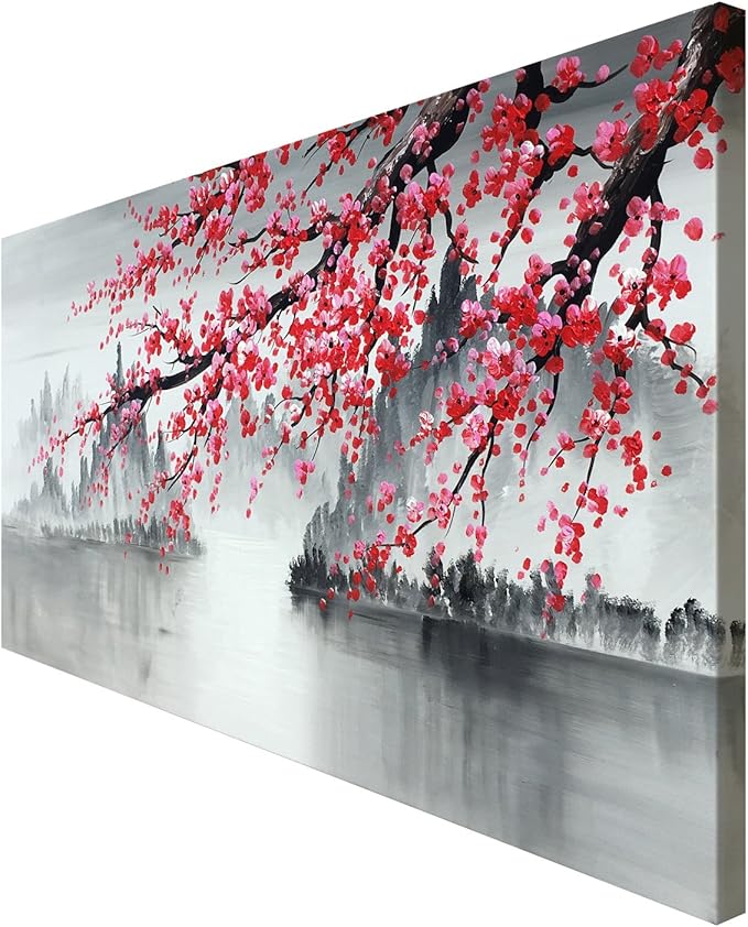 Large Traditional Chinese Painting Hand Painted Plum Blossom Canvas Wall Art Modern Black and White Landscape Oil Painting for Living Room 60 x 30 inch
