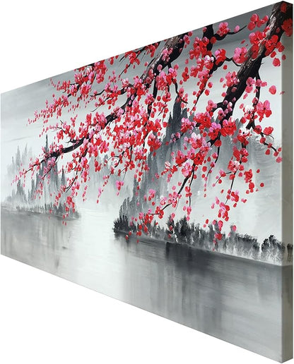 Handmade Traditional Chinese Oil Painting Pink Plum Blossom Canvas Wall Art Modern Black and White Landscape Artwork