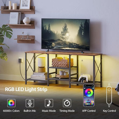 JARHETUN TV Stand with LED Lights for 55 Inch TV, Entertainment Center with 3-Tier Open Shelves, TV Console Table for Living Room, Bedroom, Rustic Brown