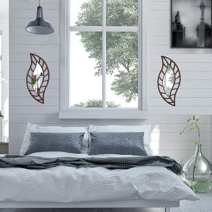 Roowest 2 Pcs Decorative Mirror Wall Decor Leaf Teardrop Mirror Wall Mounted Decorations for Living Room Bedroom Bathroom Vanity Entryway Office(Brown)