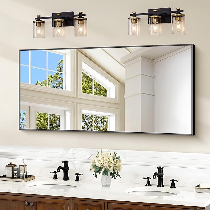 COFENY 48x24In Black Bathroom Mirror for Wall, Rectangle Mirrors with Metal Frame, Bathroom Rectangular Mirror Modern Wall Mirror for Bedroom Living Room, Entryway Hangs Horizontal or Vertical