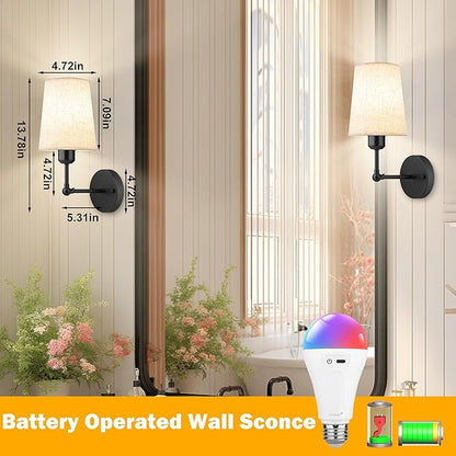 Ostwiki Battery Operated Wall Sconce Set of 2,Black Rechargeable Wall Lights with 5200mAh Dimmable RGB Bulbs and Remote Control,270°Rotation Wireless Wall Lamps for Indoor Bedroom Living Room Hallway