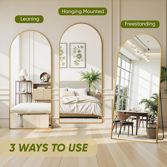 Arched Full Length Mirror 76 x 34 Inch, Full Body Mirror with Stand, Standing Hanging or Leaning Against Wall, Metal Frame Floor Mirror for Bedroom, Living Room, Cloakroom,Gold