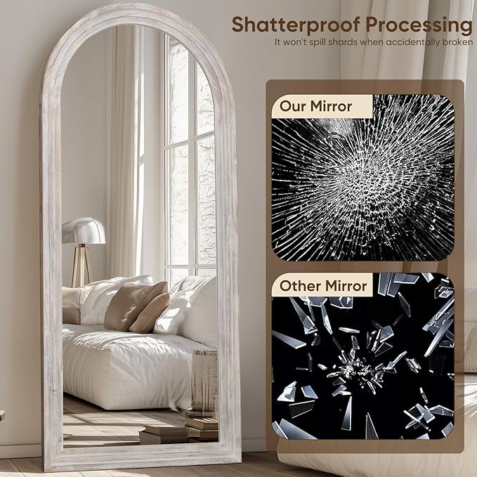 Full Length Mirror, 71"x32" Wooden Mirror Full Length with Stand Wood Floor Mirror, Oversized Stand Up Mirrors Large Wall Mirrors, Wall Mounted Mirrors, Arched Wood Style, White