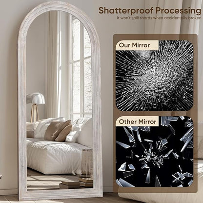 Full Length Mirror, 71"x32" Wooden Mirror Full Length with Stand Wood Floor Mirror, Oversized Stand Up Mirrors Large Wall Mirrors, Wall Mounted Mirrors, Arched Wood Style, White
