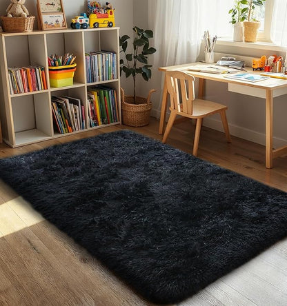KICHOWUA Thick Area Rug Black Fluffy Shag 3x5 for Bedroom, Ultra Soft Thickened Plush Washable Carpet, Non-Slip Cozy Shaggy Fuzzy Rug for Living Room Nursery Dorm Playroom Kids Baby Room