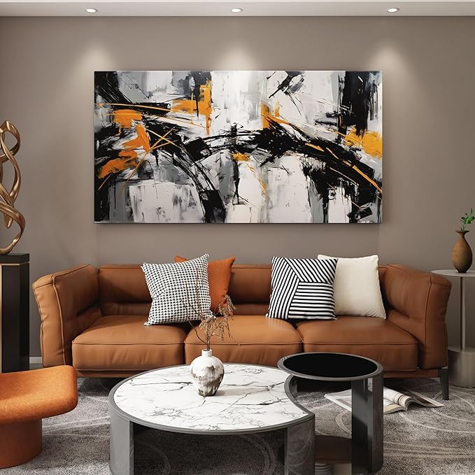 Black Abstract Canvas Wall Art Elegant and Modern Orange Wall Art for Living Room - Canvas Wall Decor for Office and Home - Large Framed Artwork for Walls , White, Gray and Unique Orange Accents 48×24in
