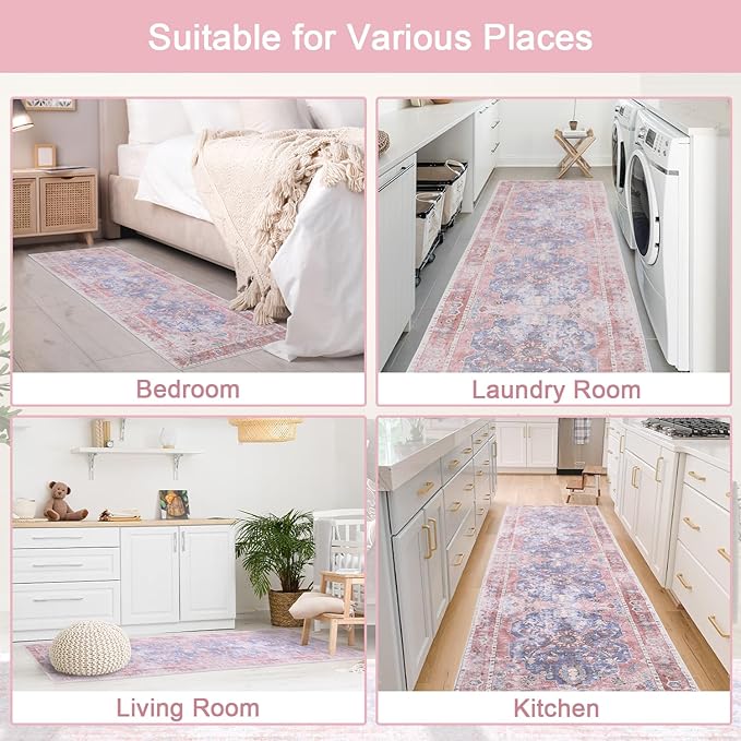 Sofrug Hallway Runner Rug, 2x8 Vintage Pink Area Rug, Honeycomb Non Slip Kitchen Runner Rugs, Washable Soft Faux Wool Rug for Hallways Entryway Kitchen Laundry Bedroom