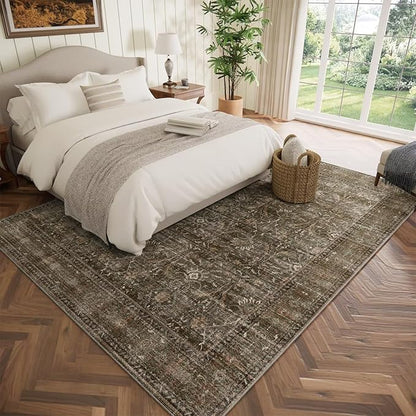 Washable 5x7 Area Rugs for Living Room, Boho Non-Slip Vintage Rugs for Bedroom Dining Room Nursery Office, 0.3" Neutral Oriental Throw Thin Carpet with Cushioning Pad, Rust/Multi, D2