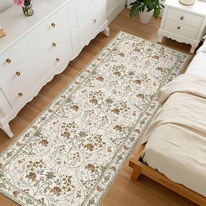 Floral 2x8 Runner Rug with Non Slip Low Pile Washable Entryway Rug,Soft Vintage Runner for Hallway Kitchen Living Room Bedroom Bathroom,Beige White