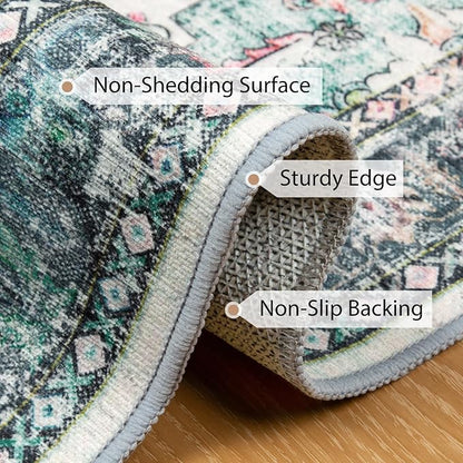 BESTSWEETIE 3x5 Area Rug Washable Rugs for Living Room, No Pile Boho Carpet for Entryway Bedroom Dinning Room, Vintage Carpet Print Distressed Non-Slip, 3 x 5 ft, Multi Navy Teal