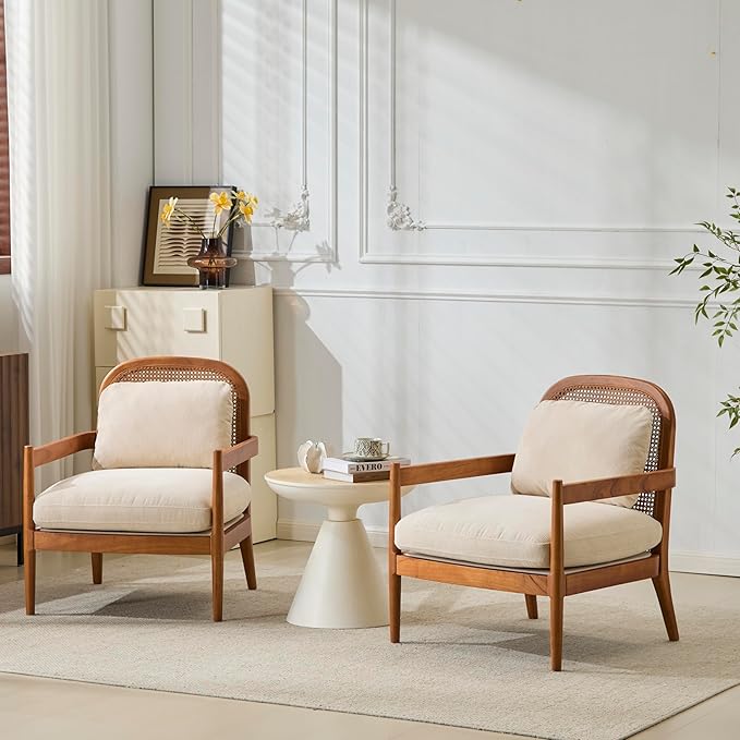 Christopher Knight Home Nadine Accent Chairs Set of 2, Wooden Club Chair, Rattan Open Back Armchair, Accent Reading Sofa Chair with Cushions, Club Chairs Set of 2 for Living Room Bedroom, Beige+Teak