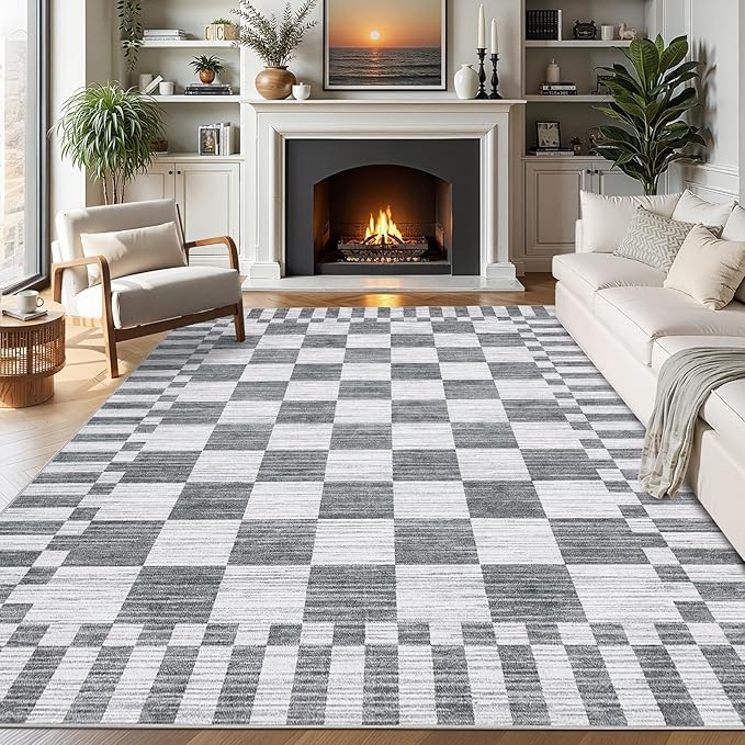 GarveeHome Grey Checkered Rug 4×6 Area Rugs for Living Room，Non-Slip Washable Rug Soft Low-Pile, Neutral Modern Farmhouse Geometric Rugs for Bedroom Dining Room Office