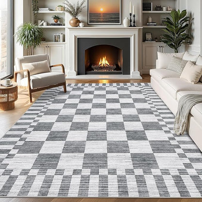 GarveeHome Grey Checkered Rug 6×9 Area Rugs for Living Room，Non-Slip Washable Rug Soft Low-Pile, Modern Farmhouse Geometric Rugs for Bedroom Dining Room