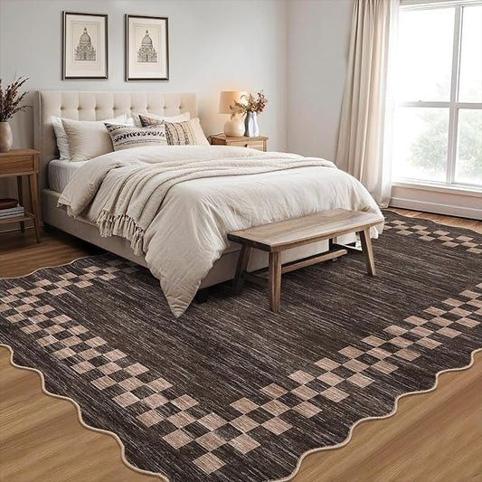 GarveeHome Washable Rug 5x7 for Living Room Large Bedroom Scalloped Rug Non Slip Stain Resistant Modern Border Throw Carpet Soft Boho Rug for Dining Room Nursery Home Office, Brown