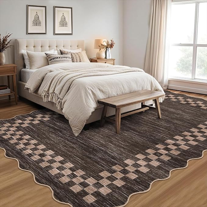 GarveeHome 4x6 Area Rug Small Washable Living Room Rug Scalloped Rug with Rubber Backing Stain Resistant Low Pile Dining Room Throw Carpet Modern Bordered Mat for Bedroom Kitchen, Brown