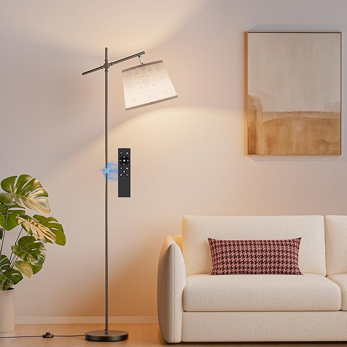 SIBRILLE Floor Lamp with Linen Shade, Dimmable Tall Standing Lamp with Remote Control & 3 Color Temperatures Bulb, Modern Swing Arm Floor Lamps for Living Room Bedroom Office Corner