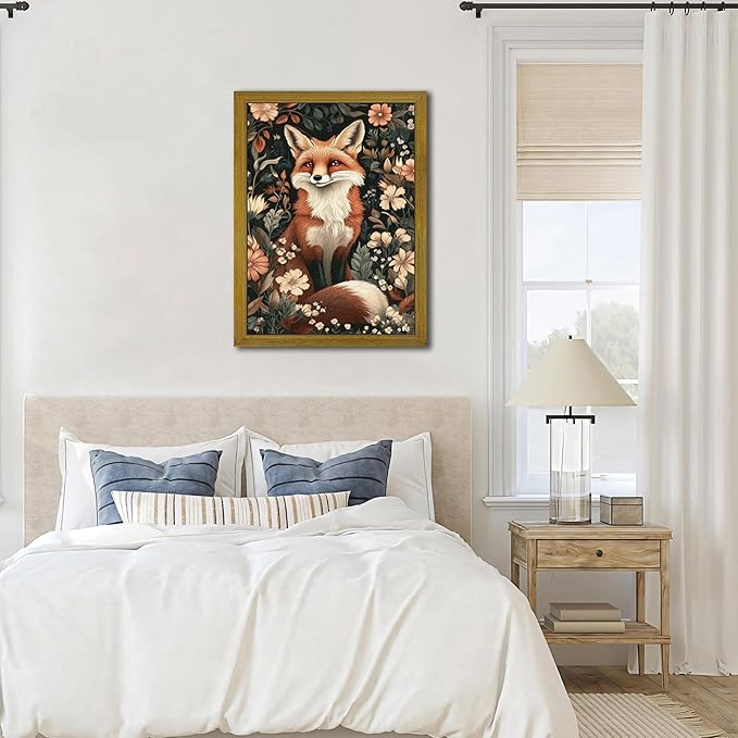 Framed 3D Textured Vintage Wall Art, Hand Drawn Sandstone Fox Wall Decor Paintings, Whimsical Forest Animal Floral Botanical Aesthetic Picture, Cottage Core Home Nursery Decor 12x16 inch