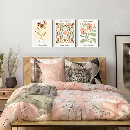 SKYRISE 3 PCS Boho Floral Canvas Wall Art, Rustic Botanical Canvas Paintings Prints ArtWork for Living Room, Vintage Flower Pictures for Farmhouse Dining Room Hallway Bedroom Wall Decor 12"x16"