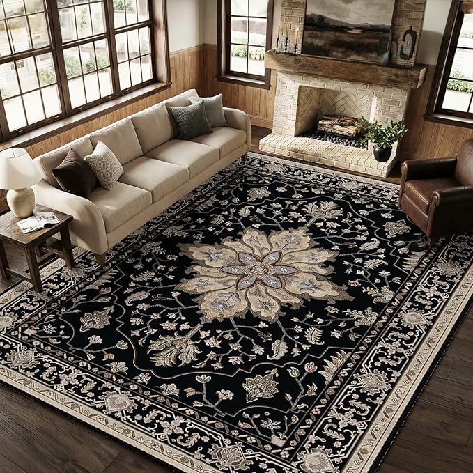 RELEANY Area Rugs 9'x12' Washable Non-Slip, Floral Vintage Distress Print Pattern Medallion Carpet for Living Room Bedroom Dining Room, Black Brown Neutral Dark Tan