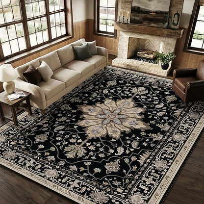 RELEANY Area Rugs 8'x10' Washable Non-Slip, Floral Vintage Distress Print Pattern Medallion Carpet for Living Room Bedroom Dining Room, Black Brown Neutral Dark Tan