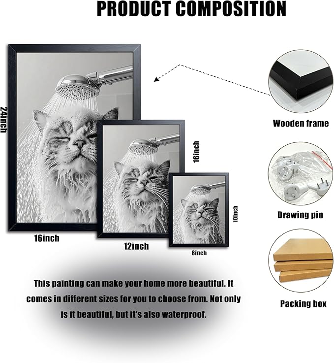 XYHYRA Cute Cat Bathroom Decor Funny Animal Bathroom Wall Art Cat Bathing Wall Decor Poster Painting Black and White Canvas Print Artwork Modern Farmhouse Restroom Home Decoration 8x10 Inch Wood Framed