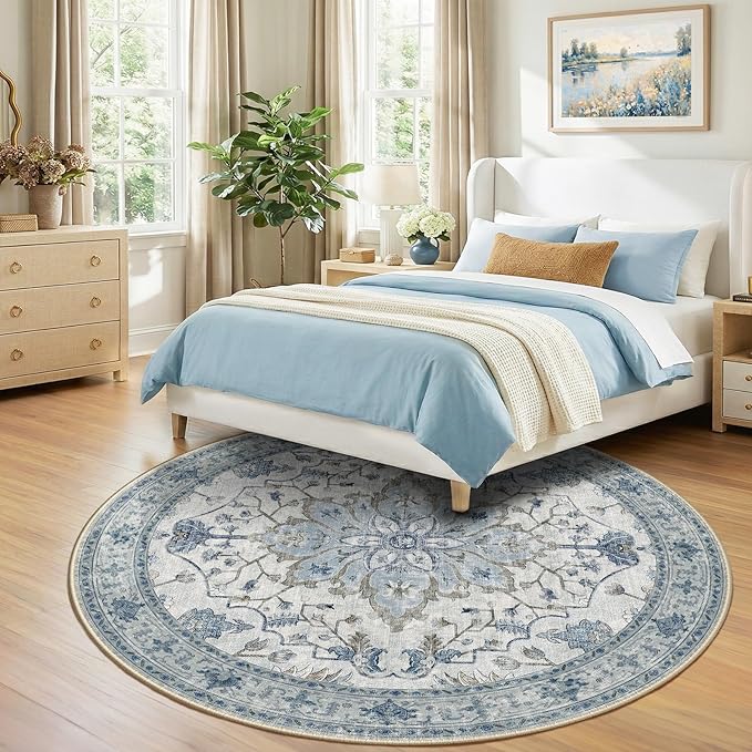 RELEANY Area Rugs Round 8ft Washable Non-Slip, Floral Vintage Distress Print Pattern Medallion Carpet for Living Room Bedroom Dining Room, Light Blue Navy Beige Gray White