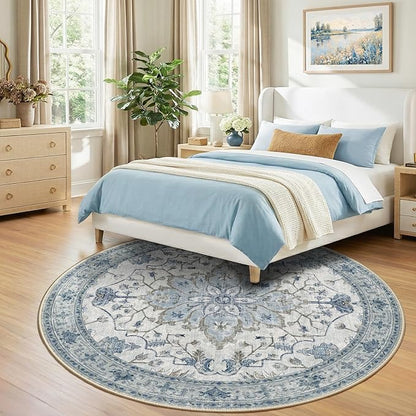 RELEANY Area Rugs Round 8ft Washable Non-Slip, Floral Vintage Distress Print Pattern Medallion Carpet for Living Room Bedroom Dining Room, Light Blue Navy Beige Gray White
