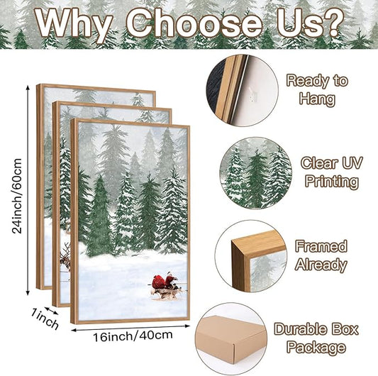 CHDITB Santa Claus Reindeer Sleigh Framed Canvas Wall Art(16"x24"), 3 Panels Christmas Winter Holiday Artwork Prints, Large Rustic Xmas Gift Snow Scene Forest Landscape Decor for Home Office Bedroom