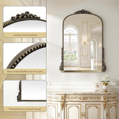 Vintage Bronze Arched Mirror - 40"x29" Large Matt Gold Antique Wall Mounted Mirror - Baroque Traditional Ornate for Entryway, Fireplace, Living Room, Hallway or Wall Decor (Upgrade Tempered Glass)