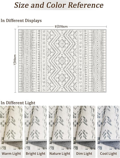 Miukiki 7x9 Area Rug for Living Room Moroccan Washable Rugs Non Slip Indoor Floor Carpet Foldable Large Soft Area Rug for Dining Room Bedroom with Low Pile(Grey,7'x9')