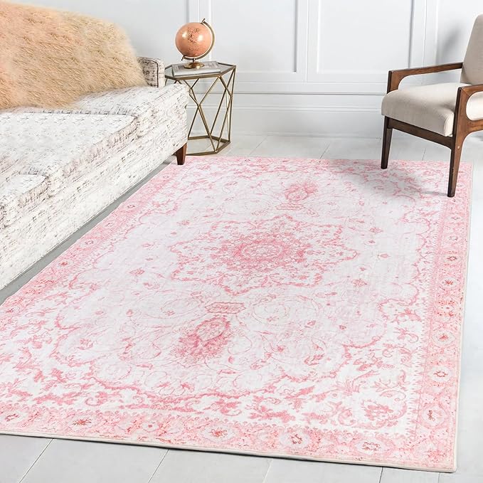 Sofrug Area Rug 3x5 - Vintage Pink Honeycomb Non Slip Backing Area Rugs Soft Faux Wool Carpet Foldable & Machine Washable Rugs for Living Room Bedroom Dining Room Home Office
