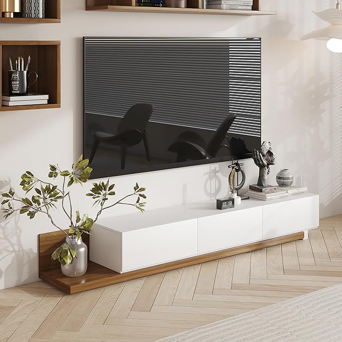homary Wood Extendable TV Stand Rectangle Entertainment Center with Shelves & Drawers White & Walnut Media Console for Living Room Bedroom