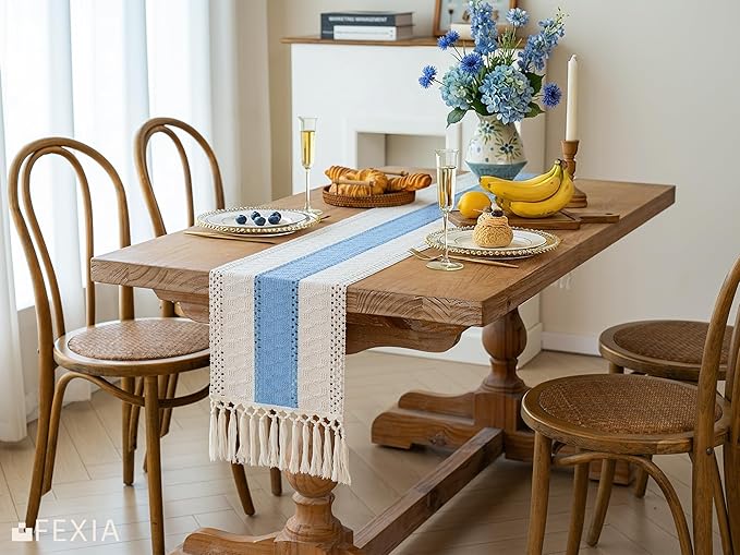 FEXIA Summer Table Runner Light Blue for Home Decor with Tassels 72 Inches Farmhouse Long Rustic Table Runner Macrame Burlap Centerpieces for Tables Decoration for Baby Shower(12x72 Inches)