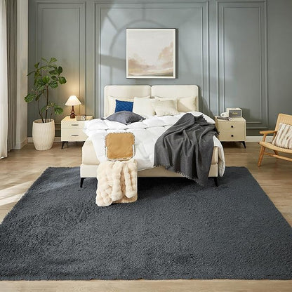 Floralux 8x10 Shag Rug for Bedroom, Dark Grey, Large Area Rug for Living Room, Soft Fluffy Carpet