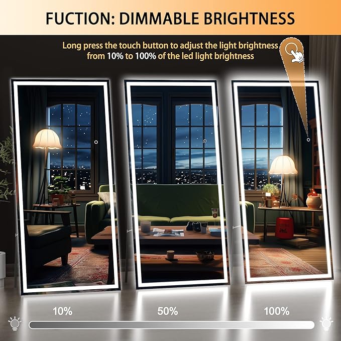Hasipu Full Length Mirror with Lights, 71" x 24" LED Lighted Floor Standing, Full Body Dressing Hanging Mounted Mirror, Tempered Glass, Square Black