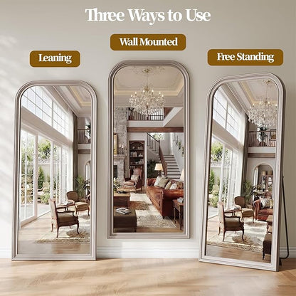 Full Length Mirror with Stand, 71"x32" Full Body Mirror, Floor Length Mirrors Wall Mounted with Rounded Top, Large Standing Mirrors, PU Frame, for Bedroom Living Room Cloakroom, Antique Sliver