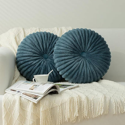 HIG Decorative Round Throw Pillows for Bed Couch -Set of 2 Handcraft Ruched Pumpkin Pillow, Soft and Durable Flannel Floor Pillow for Home Decor, Bed Living Room and Sofa (Dusty Blue,14.5"x14.5")