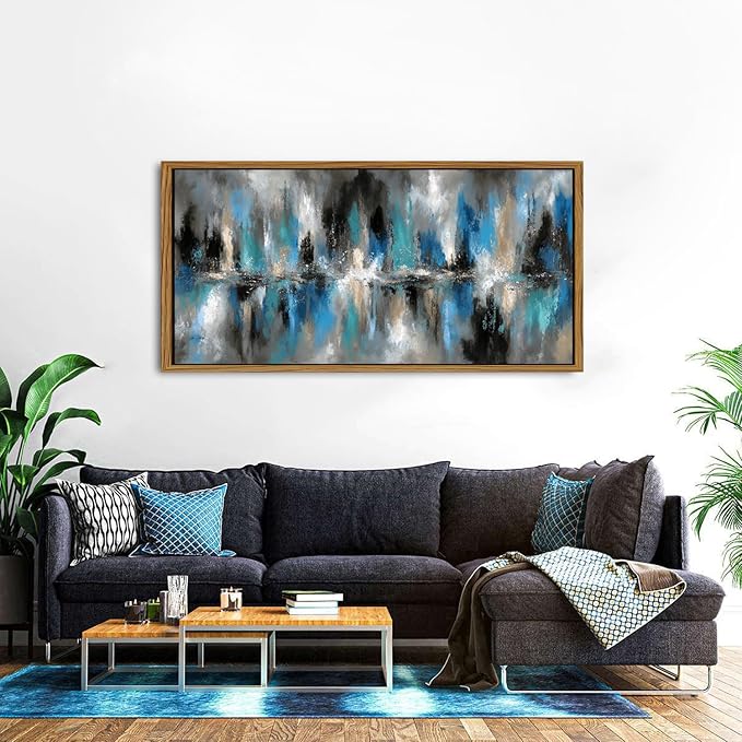 Abstract Blue and Grey Wall Art Framed Vintage Wall Decor Modern Artwork Prints for Living Room Minimalist Black and White Fantasy Lines Pictures Artwork Office Kitchen Bedroom Home Decorations 30x57.8"