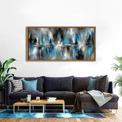 Abstract Blue and Grey Wall Art Framed Vintage Wall Decor Modern Artwork Prints for Living Room Minimalist Black and White Fantasy Lines Pictures Artwork Office Kitchen Bedroom Home Decorations 30x57.8"