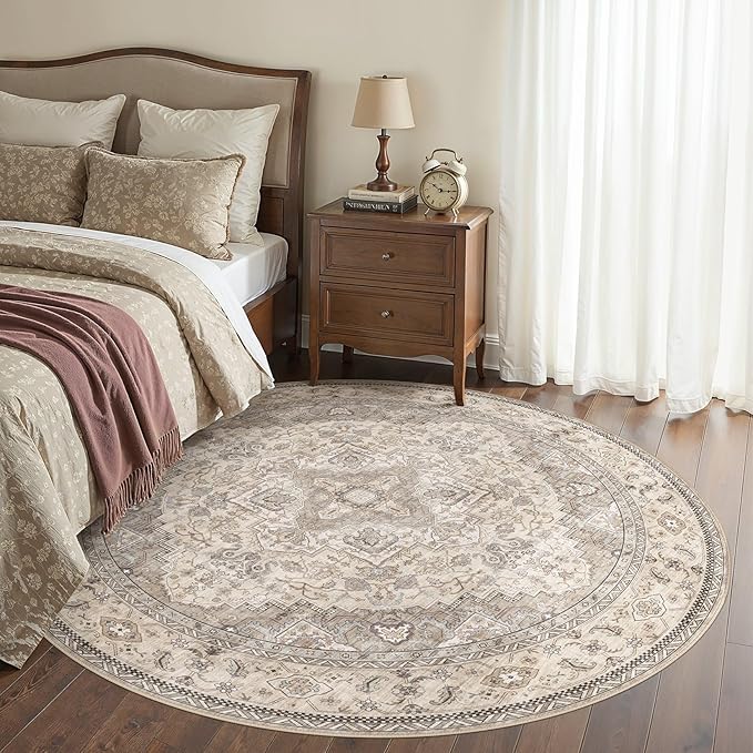 6FT Round Area Rugs for Living Room - Washable Neutral Vintage Distressed Farmhouse Large Soft Floor Rug Indoor Carpet for Bedroom Dining Room Office - Brown/Multi