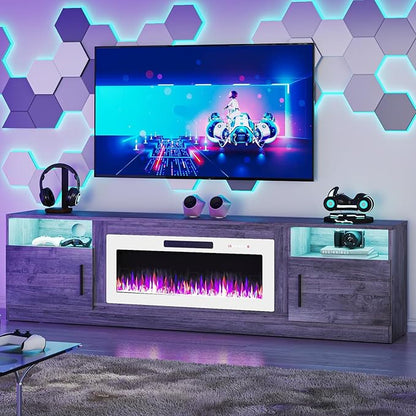 Tavata 80" Fireplace TV Stand, Modern LED Light Entertainment Center with Storage and 36" Fireplace, Media TV Console for TVs Up to 90", Fire Place TV Stands for Living Room, Grey+White