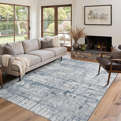 Rugxara 4x6 Rug for Living Room Bedroom, Grey Washable Throw Rugs, Abstract Area Rugs, Non Slip & Low Pile Accent Carpet for Indoor Dining Room, Kids Room and Office(Blue Grey)