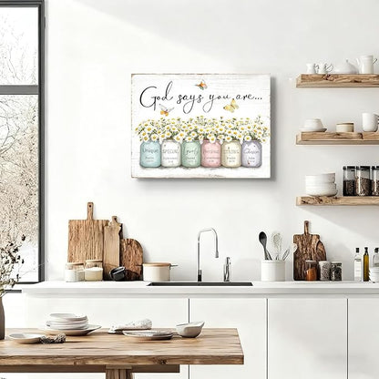 Inspirational Bible Verse Wall Art God Says You Are Sayings Wall Decort Christian Gift Quotes Painting scripture Pictures Print Flowers in Mason Jar Poster for Women Girls Bedroom(24x16 Canvas)
