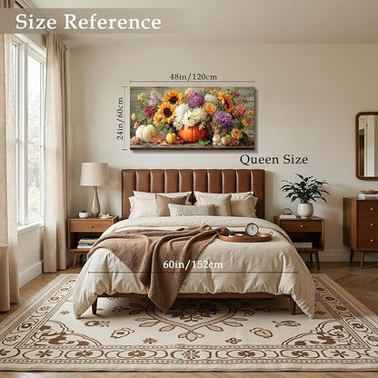imjiayu Large Wall Art, Floral Wall Art, Rustic Wall Decor, Still Life Flowers Painting Prints, Autumn Pumpkins Vintage Canvas Pictures for Living Room Bedroom Kitchen Dining Room Farmhouse 24"x48"